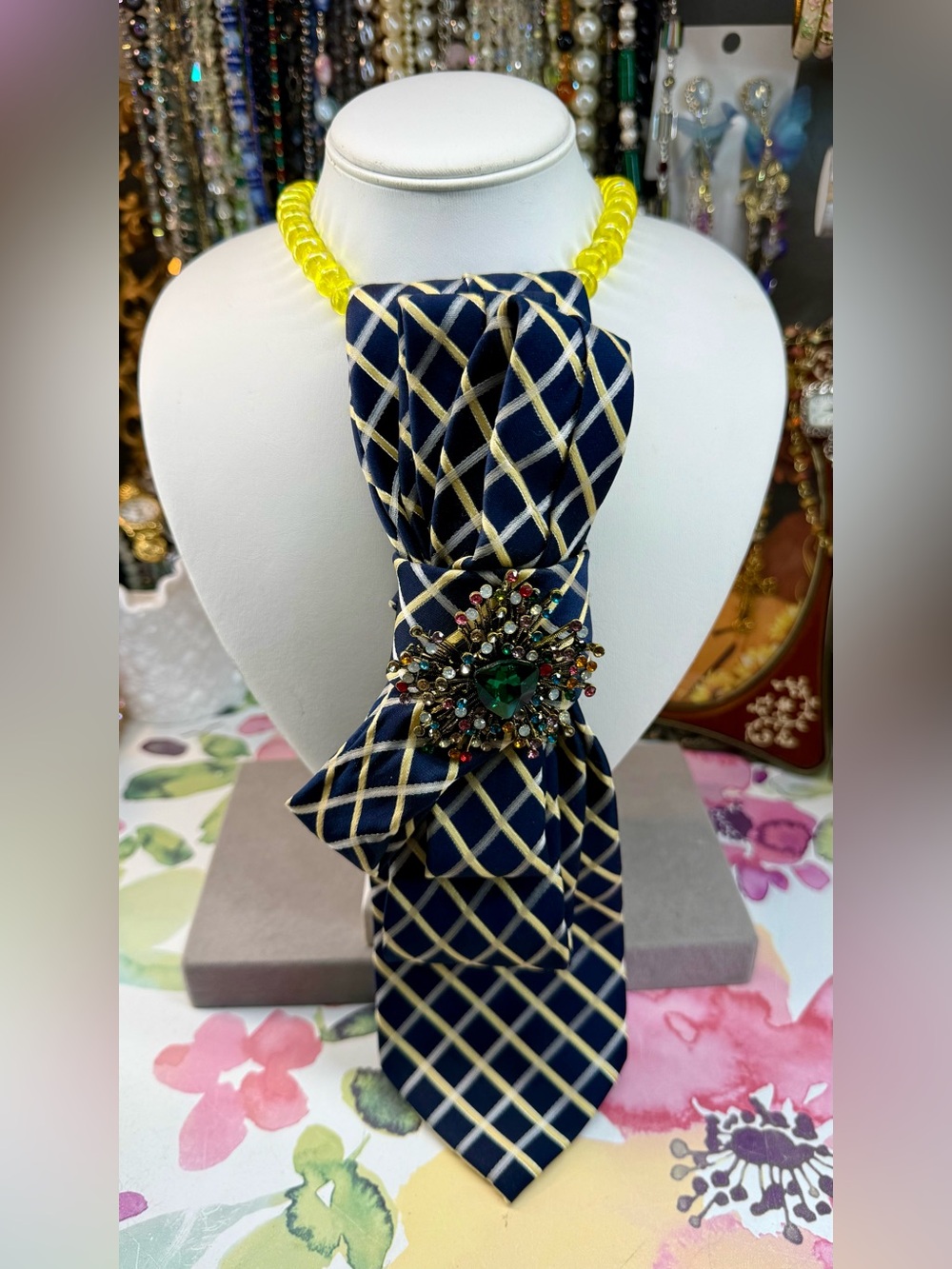 Vintage Navy Plaid Silk Tie Necklace with Decorative Brooch - Navy & Cream